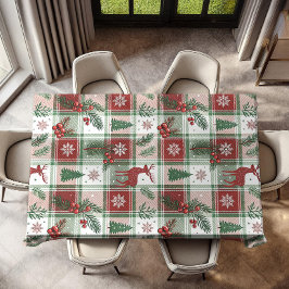 Toalha De Mesa Padrão Clássico de Natal Xadrez e Folhas de Azevin