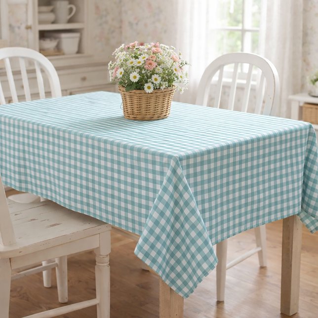 Toalha De Mesa Padrão Clássico de Xadrez em Ginga Azul e Branco (A teal and white gingham table cloth.)
