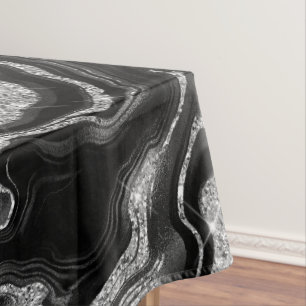 Toalha De Mesa Padrão de Ágata Preto e Prata Elegante com Brilho