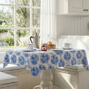 Toalha De Mesa Padrão de Damasco Mediterrâneo Azul Branco Elegant