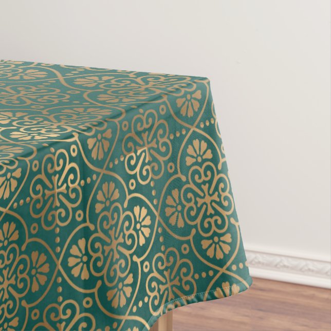 Toalha De Mesa padrão de deco de arte verde e dourada em camadas (Posição Original)