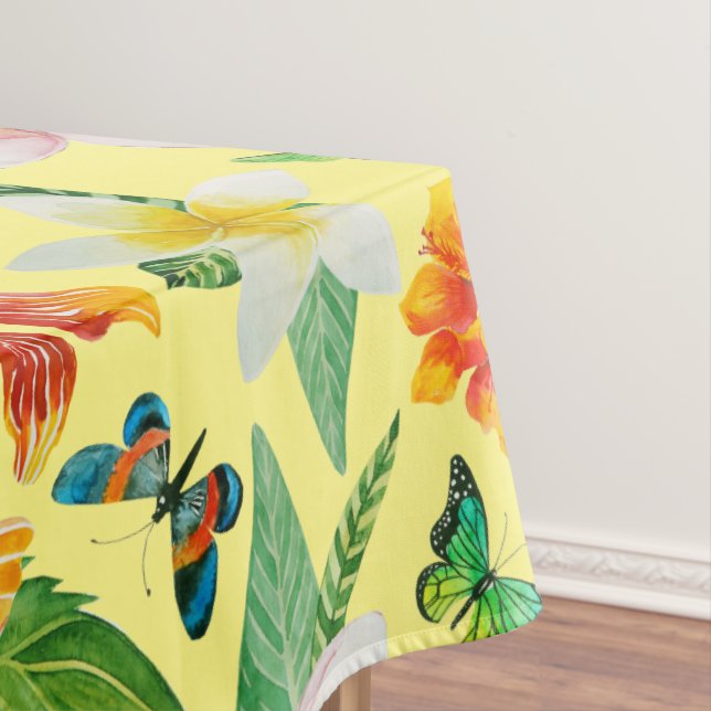 Toalha De Mesa Padrão de Flores Tropicais e Borboletas (Posição Original)
