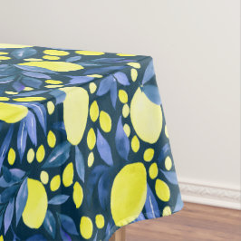 Toalha De Mesa Padrão de Folha Azul de Limões Rústicos Mediterrân