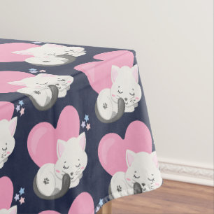 Toalha De Mesa Padrão de Gatinho Branco Fofo Dormindo