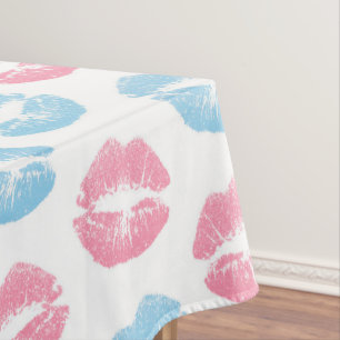 Toalha De Mesa Padrão de Lábios Azul e Rosa, Batom, Beijo