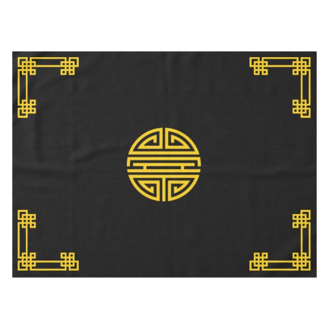 Toalha De Mesa Padrão de Motif Chinês Dourado em Preto (Frente (Horizontal))