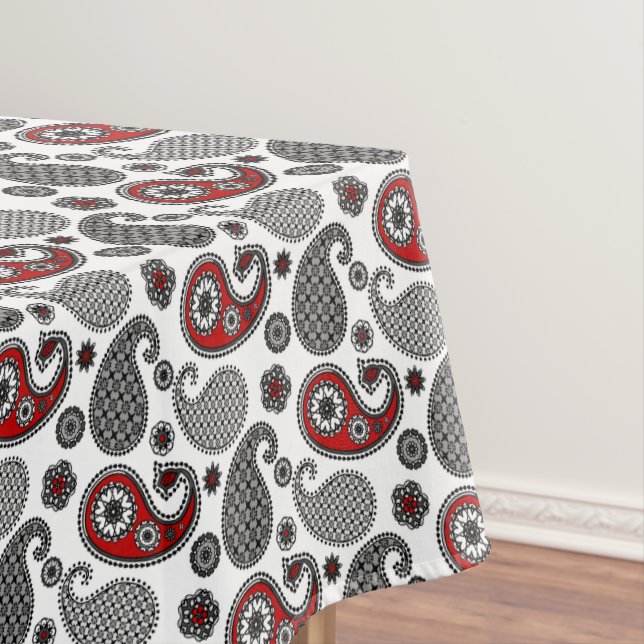 Toalha De Mesa Padrão de Paisley, Preto, Branco e Vermelho (Posição Original)