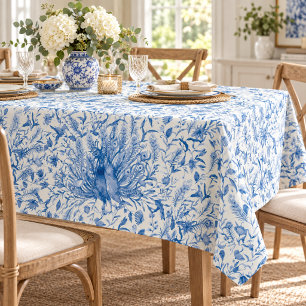 Toalha De Mesa Padrão de penas florais azuis de pavões em aquarel