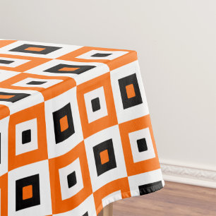 Toalha De Mesa Padrão de Quadrados Xadrez Laranja Preto e Branco