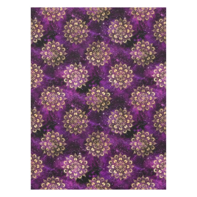Toalha De Mesa Padrão Dharma Mandala da Galáxia Dourada e Roxa (Frente)