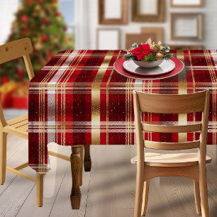 Toalha De Mesa Padrão Dourado de Natal Vermelho de Tartan nº 7 ID