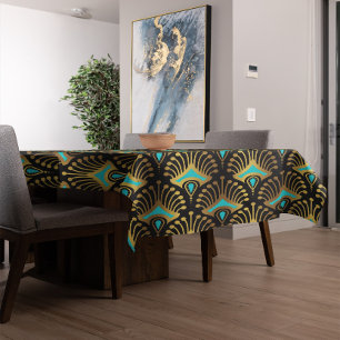 Toalha De Mesa Padrão Dourado e azul de Art Deco a preto