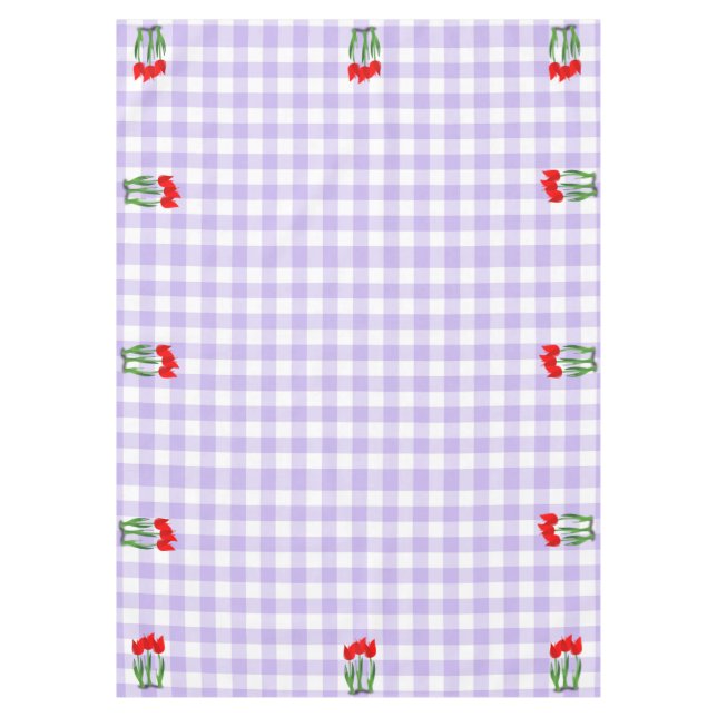 Toalha De Mesa Padrão e Tulipas de Gingham branco e lavanda (Frente)