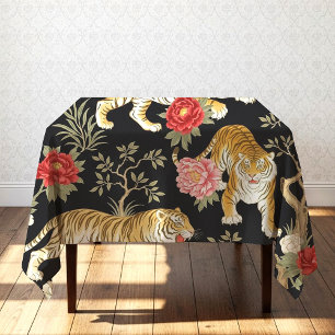 Toalha De Mesa Padrão Elegante de Chinoiserie Preto com Tigre e P