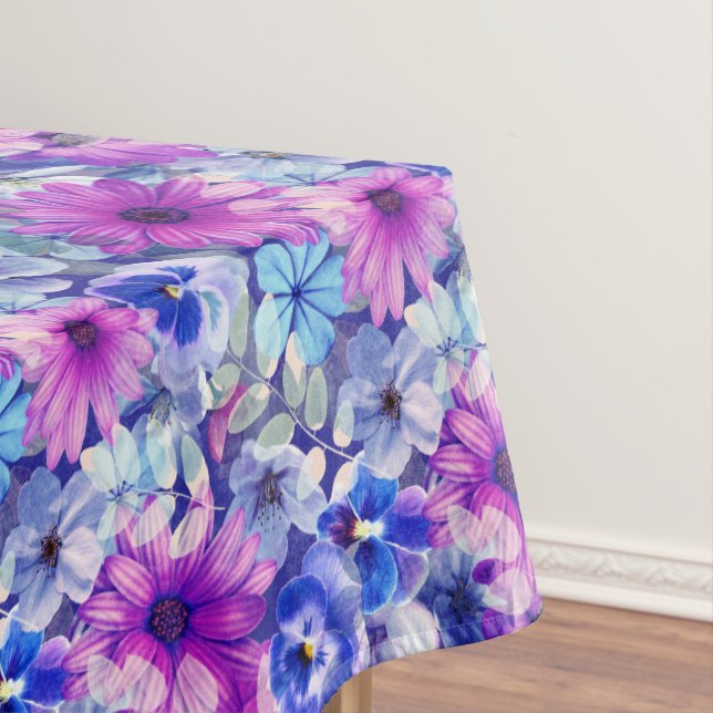 Toalha De Mesa Padrão Floral Azul Magenta Rosa (Posição Original)