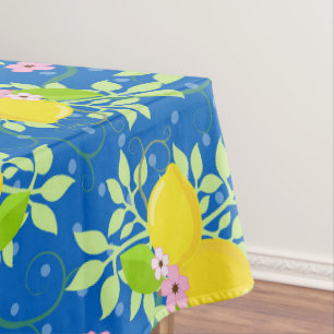 Toalha De Mesa Padrão Floral de Limões Azuis e Amarelos de Verão