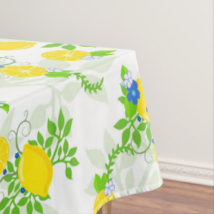 Toalha De Mesa Padrão Floral de Limões Azuis e Amarelos de Verão