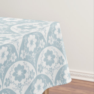 Toalha De Mesa Padrão Floral Japonês em Azul Suave e Branco
