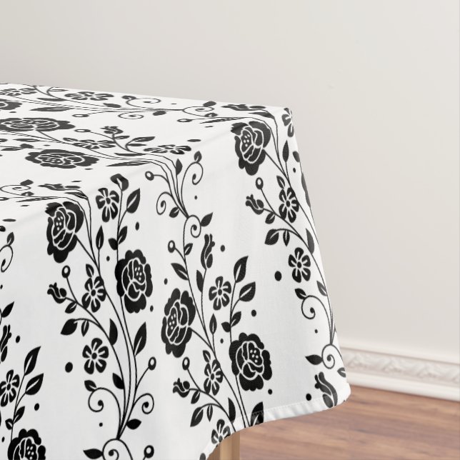 Toalha De Mesa Padrão Floral Romântico Preto E Branco (Posição Original)