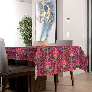 Toalha De Mesa Padrão Floral Rosa Antigo, Azul e Dourado