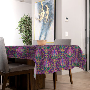 Toalha De Mesa Padrão Floral Roxo, Verde e Dourado Vintage
