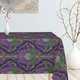 Toalha De Mesa Padrão Floral Roxo, Verde e Dourado Vintage