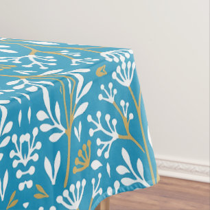 Toalha De Mesa Padrão Floral Sem Costura: Branco e Dourado em Azu