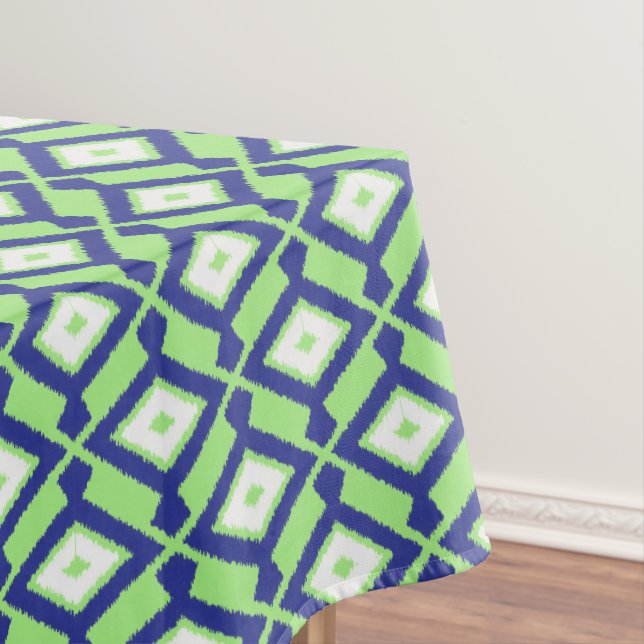 Toalha De Mesa Padrão Ikat - Verde, Azul Indigo e Branco (Posição Original)