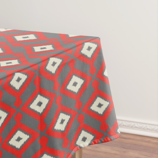 Toalha De Mesa Padrão Ikat - Vermelho, Cinza e bege (Posição Original)
