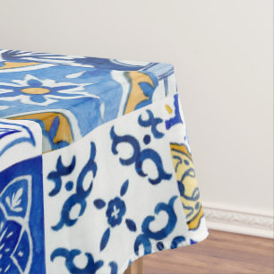Toalha De Mesa Padrão italiano azul, branco e amarelo mediterrâni