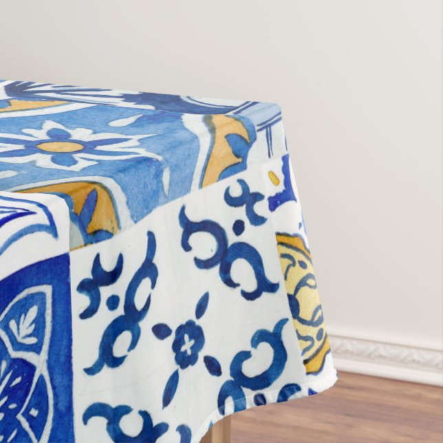 Toalha De Mesa Padrão italiano azul, branco e amarelo mediterrâni (Posição Original)