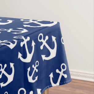 Toalha De Mesa Padrão Náutico de Âncoras Azul Marinho e Branco
