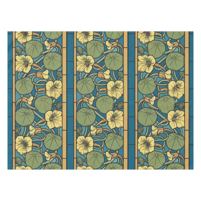 Toalha De Mesa Padrão Nouveau da Flor Nasturtium Amarelo Azul (Frente (Horizontal))