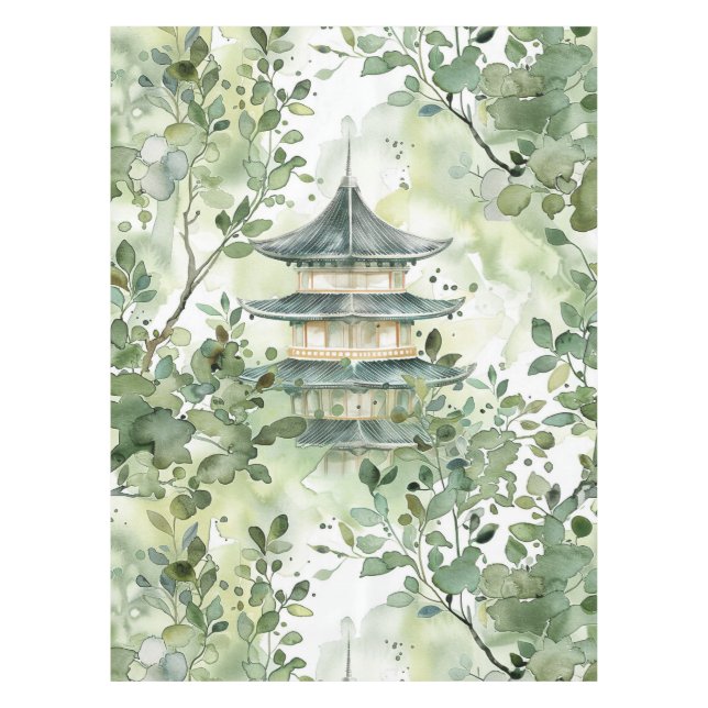 Toalha De Mesa Pagoda Asiática de Aquarela na Paisagem Verdante ( (Frente)