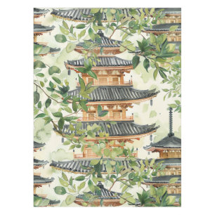 Toalha De Mesa Pagoda Asiática de Aquarela na Paisagem Verdante (