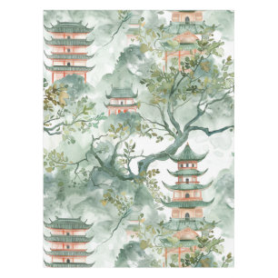 Toalha De Mesa Pagoda Asiática de Aquarela na Paisagem Verdante (
