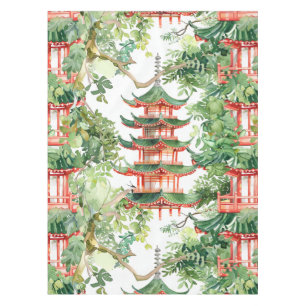 Toalha De Mesa Pagoda Asiática de Aquarela na Paisagem Verdante (