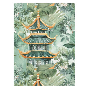 Toalha De Mesa Pagoda Asiática de Aquarela na Paisagem Verdante (