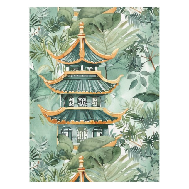 Toalha De Mesa Pagoda Asiática de Aquarela na Paisagem Verdante ( (Frente)