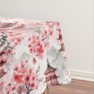 Toalha De Mesa Pagoda Chinesa Aquarela com Blossomas de Cereja (9