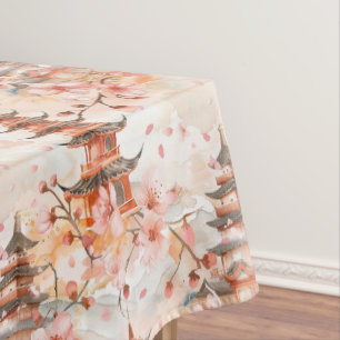 Toalha De Mesa Pagoda Chinesa Aquarela com Flores de Cereja (1)