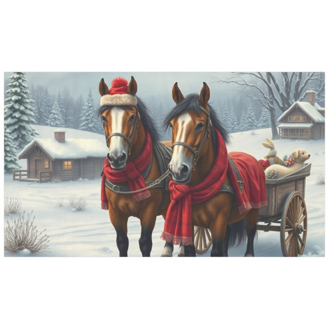 Toalha De Mesa Paisagem de inverno com Cavalos e Cabina (Frente (Horizontal))