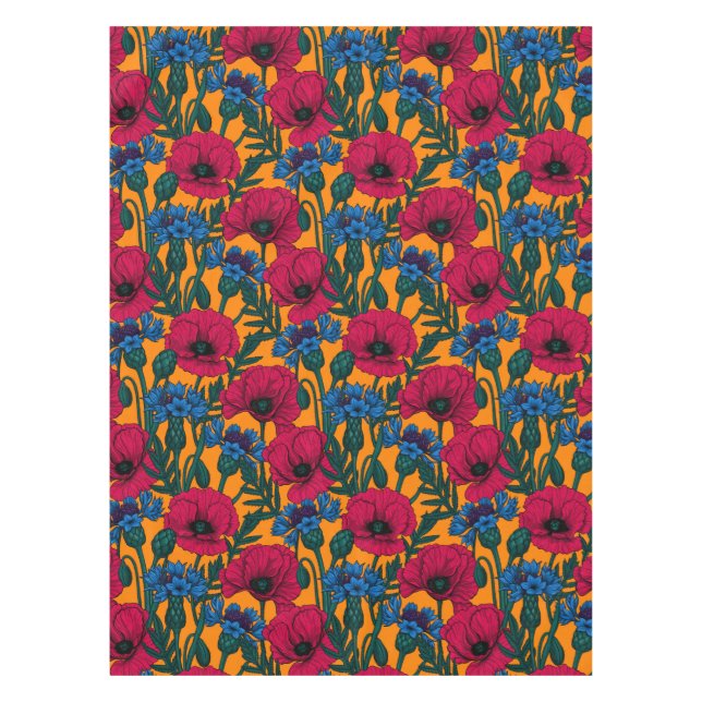 Toalha De Mesa Papoilas vermelhas e flores azuis em laranja (Frente)
