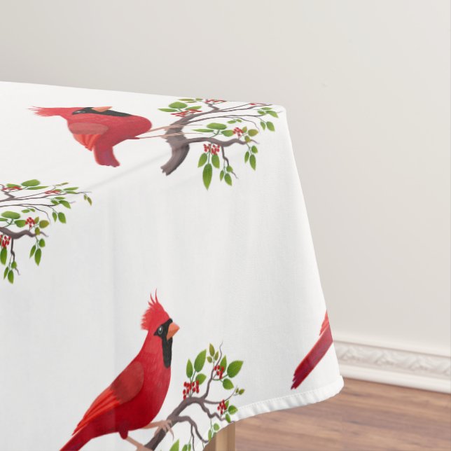 Toalha De Mesa Pássaro Cardinal Vermelho na Tablecloth Branca (Posição Original)
