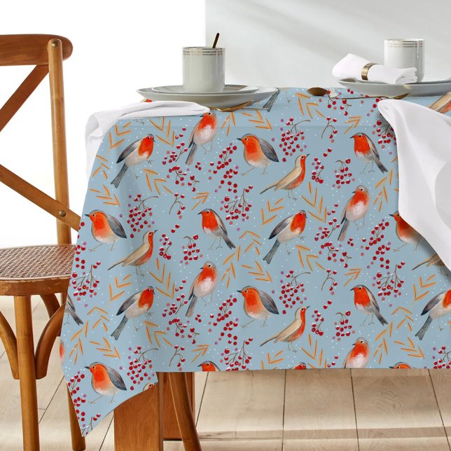 Toalha De Mesa Pássaro Corinto Azul Robin Padrão de Natal (Cute Bird Blue Robin Winter Christmas Pattern Tablecloth)