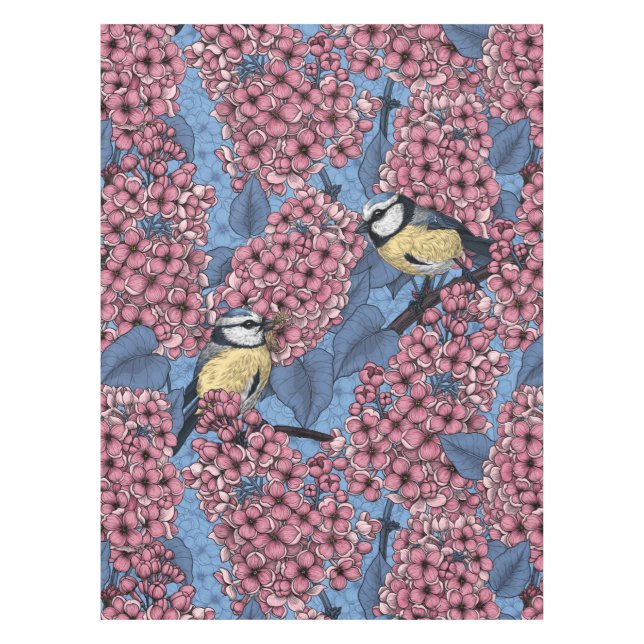 Toalha De Mesa Pássaros-em-cola no jardim lilás (Frente)