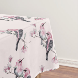 Toalha De Mesa Pássaros rosa e pretos em uma ramificação de árvor