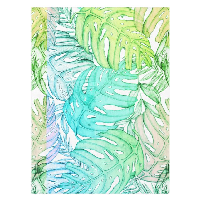 Toalha De Mesa Pasta monstera folha de palma aquarela tropical (Frente)