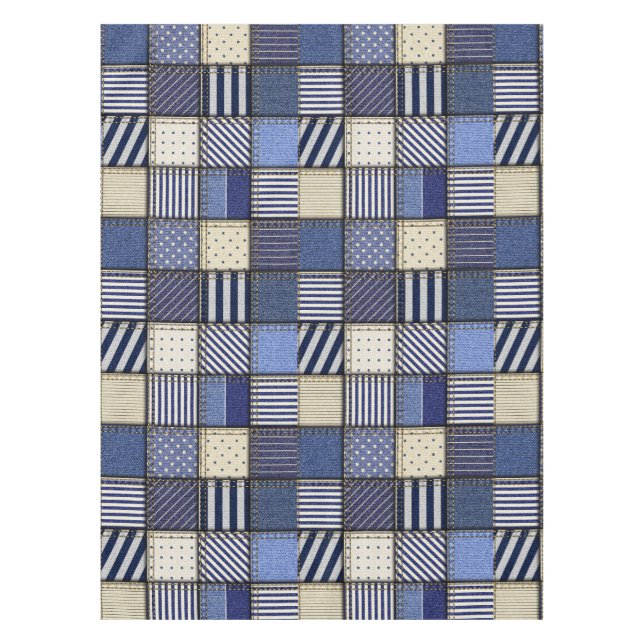 Toalha De Mesa Patchwork de Denim Azul (Frente)