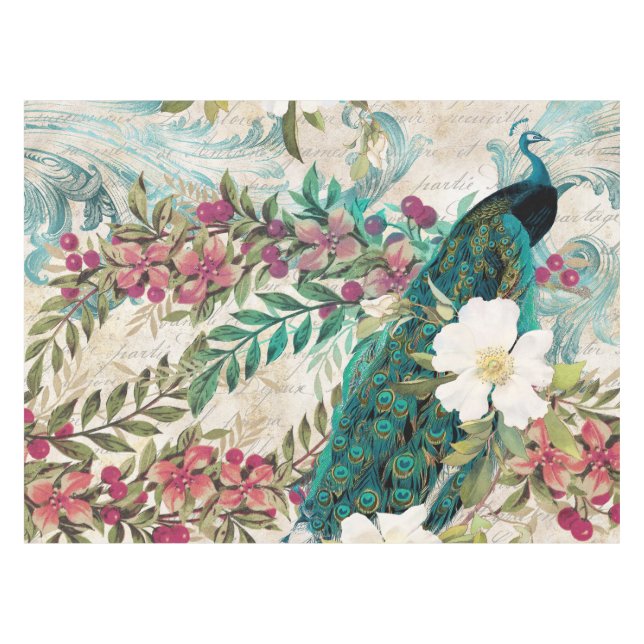 Toalha De Mesa Pavão e Flores Ilustrados Antigos com Efeito Grung (Frente (Horizontal))